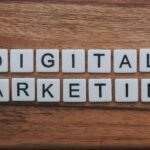 digital marketing artwork on brown wooden surface